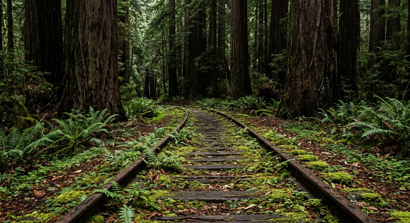 old, rusted railroad tracks heavily overgrown with moss and ferns, winding through a dense forest of massive, towering redwood trees, capturing the rugged and s
