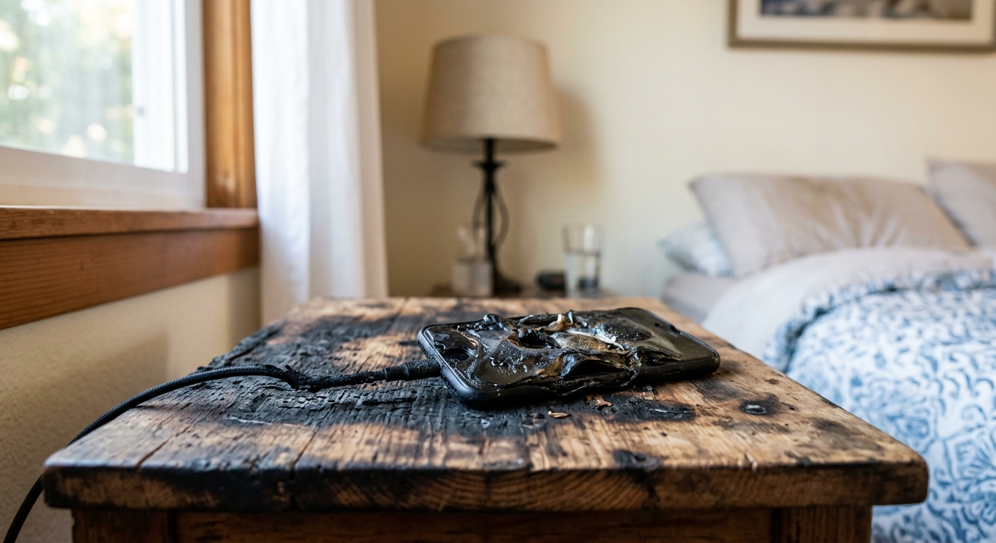 a charred and heavily melted smartphone connected to a charging cable, resting on a scorched wooden side table inside a typical Bay Area residential bedroom, so