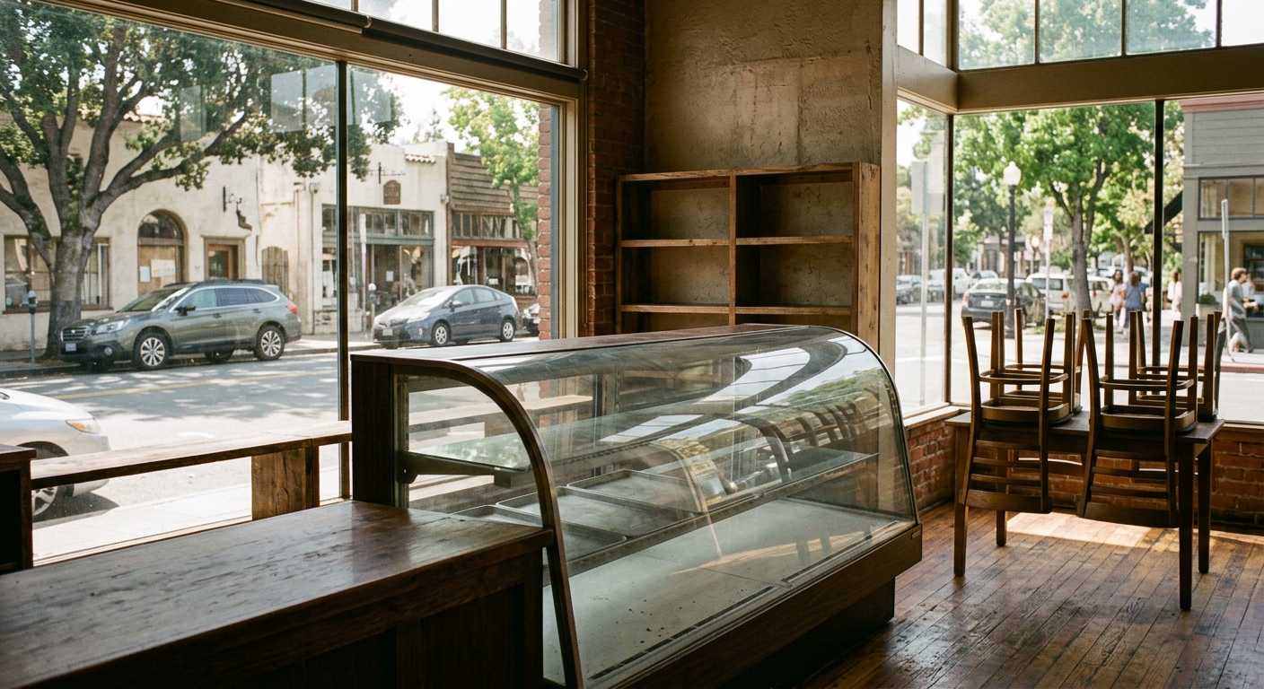 an empty glass pastry display case and bare wooden shelves inside a quiet, closed neighborhood bakery, chairs stacked on tables, sunlight streaming in through t