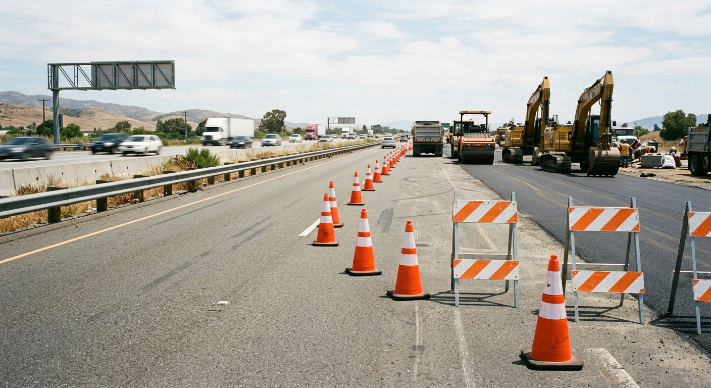 a row of orange traffic cones and barricades blocking a lane on a multi-lane asphalt highway, heavy construction equipment parked on the freshly paved shoulder,