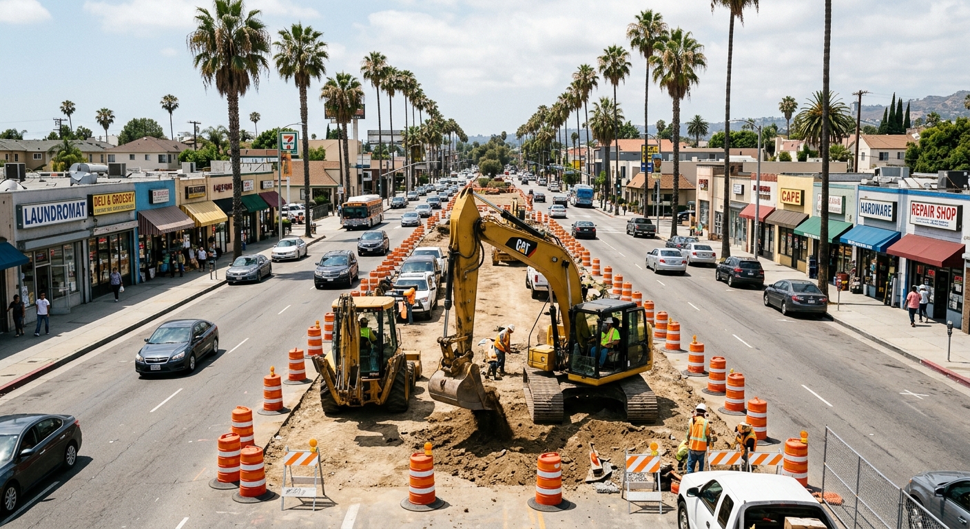 heavy construction equipment and orange traffic cones set up in the center median of a wide sunlit boulevard lined with palm trees and small local businesses, n