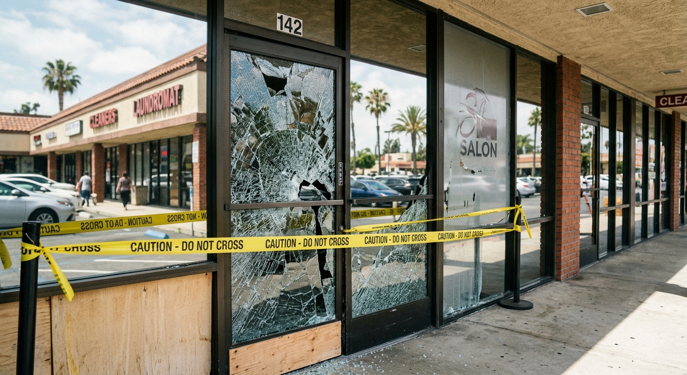 a shattered glass front door of a local hair salon with yellow police tape stretched across the entrance, located in a sunny California commercial strip mall, n