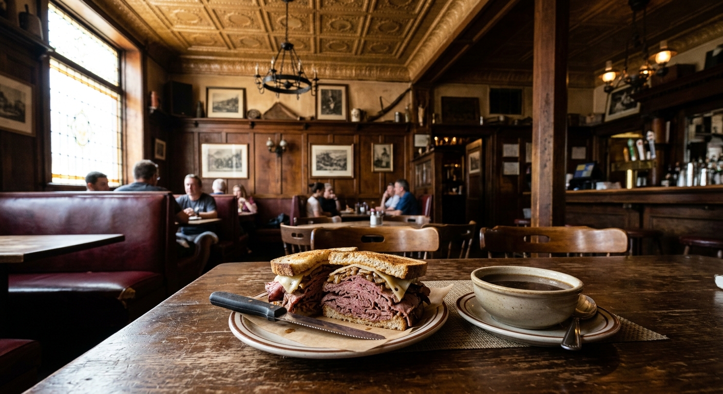 the interior of a historic tavern featuring vintage patterned tin ceilings, dark wood paneling, and worn leather booths, with a sliced roast beef sandwich and a