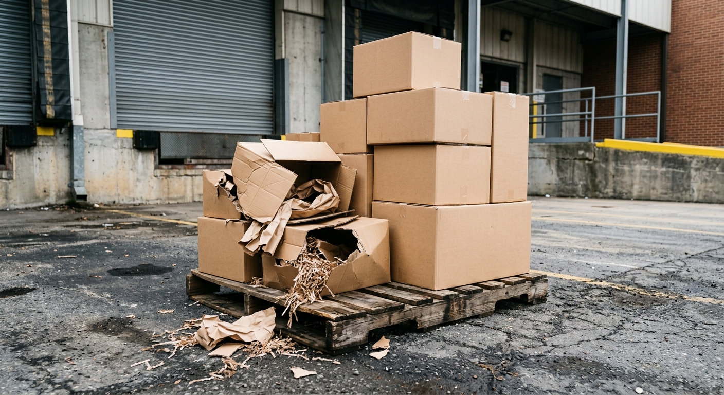 plain brown cardboard shipping boxes stacked on a wooden pallet in an asphalt loading dock outside a commercial warehouse, with a few boxes torn open and packin