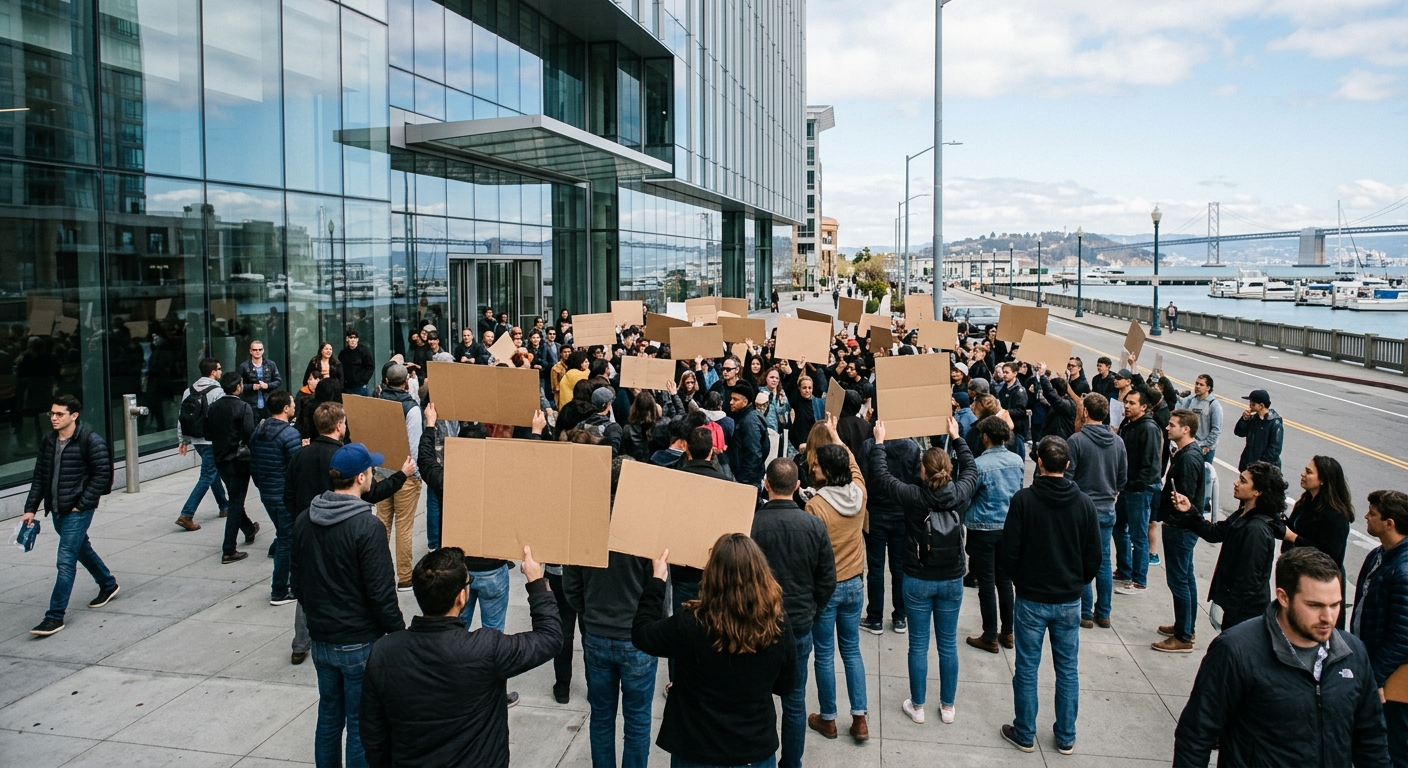 a crowd of casually dressed people gathered on a city sidewalk in front of a modern, sleek glass tech office building near a bay waterfront, holding blank cardb