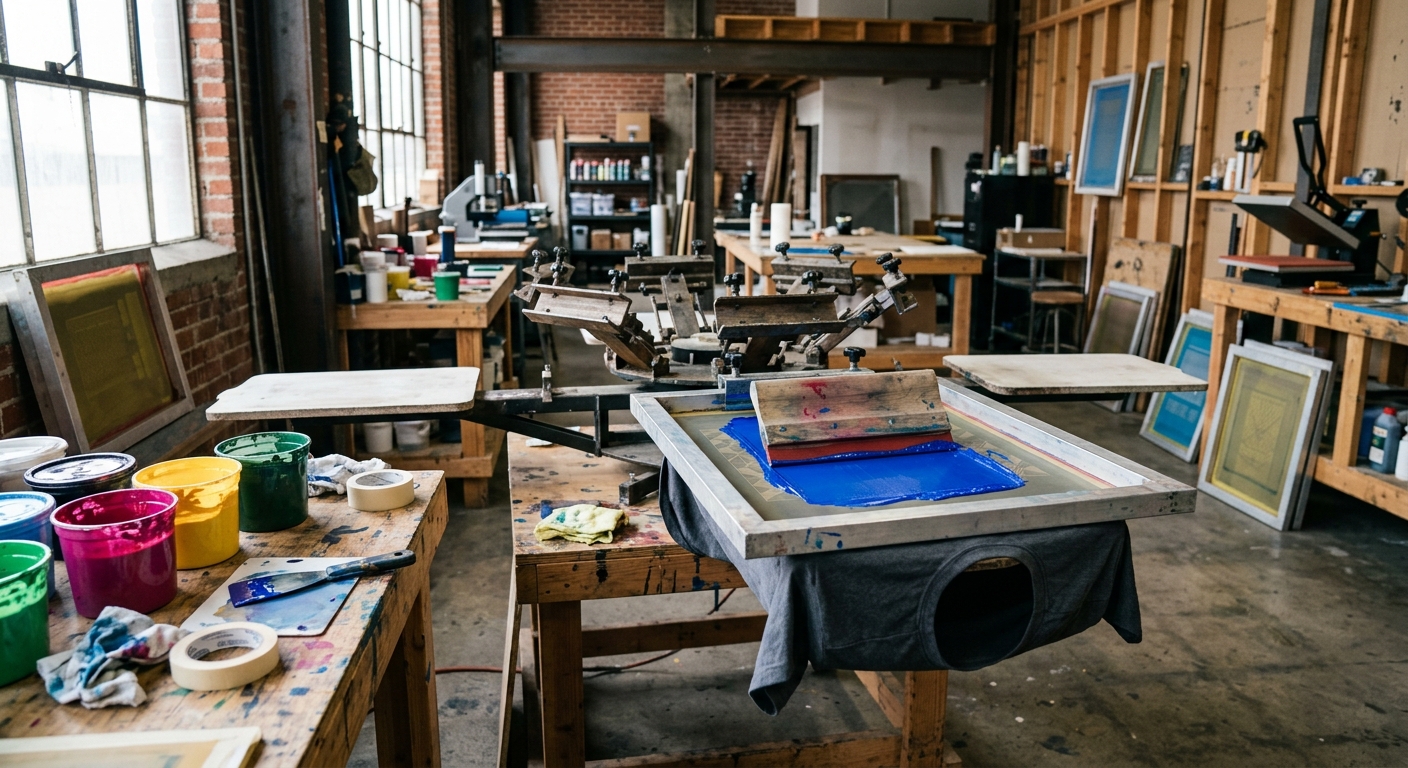 a manual silk screening press in an urban workshop, featuring a squeegee resting on a mesh screen over a blank cotton t-shirt, surrounded by open buckets of ink