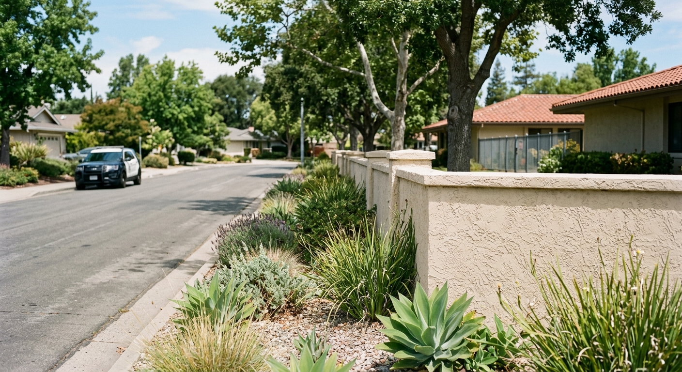 the exterior boundary of a suburban elementary school featuring a low stucco wall and drought-resistant landscaping, with a generic police patrol vehicle blurre