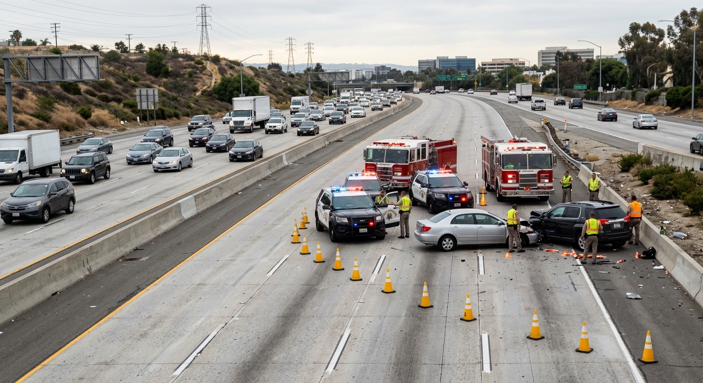 a multi-lane California highway during early morning daylight, with highway patrol vehicles blocking the lanes and traffic cones set up around a vehicle collisi