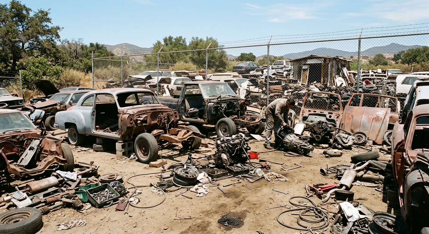 a disorganized outdoor yard filled with partially dismantled vehicle frames, scattered automotive tools, and piles of car parts sitting on dry dirt behind a cha