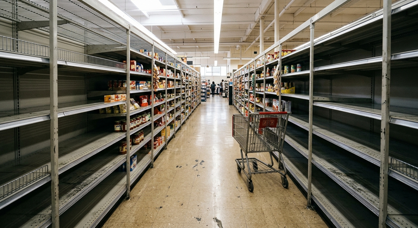 a long aisle inside a generic grocery store with partially bare metal shelving units and a single stray shopping cart on a scuffed beige tile floor, typical of