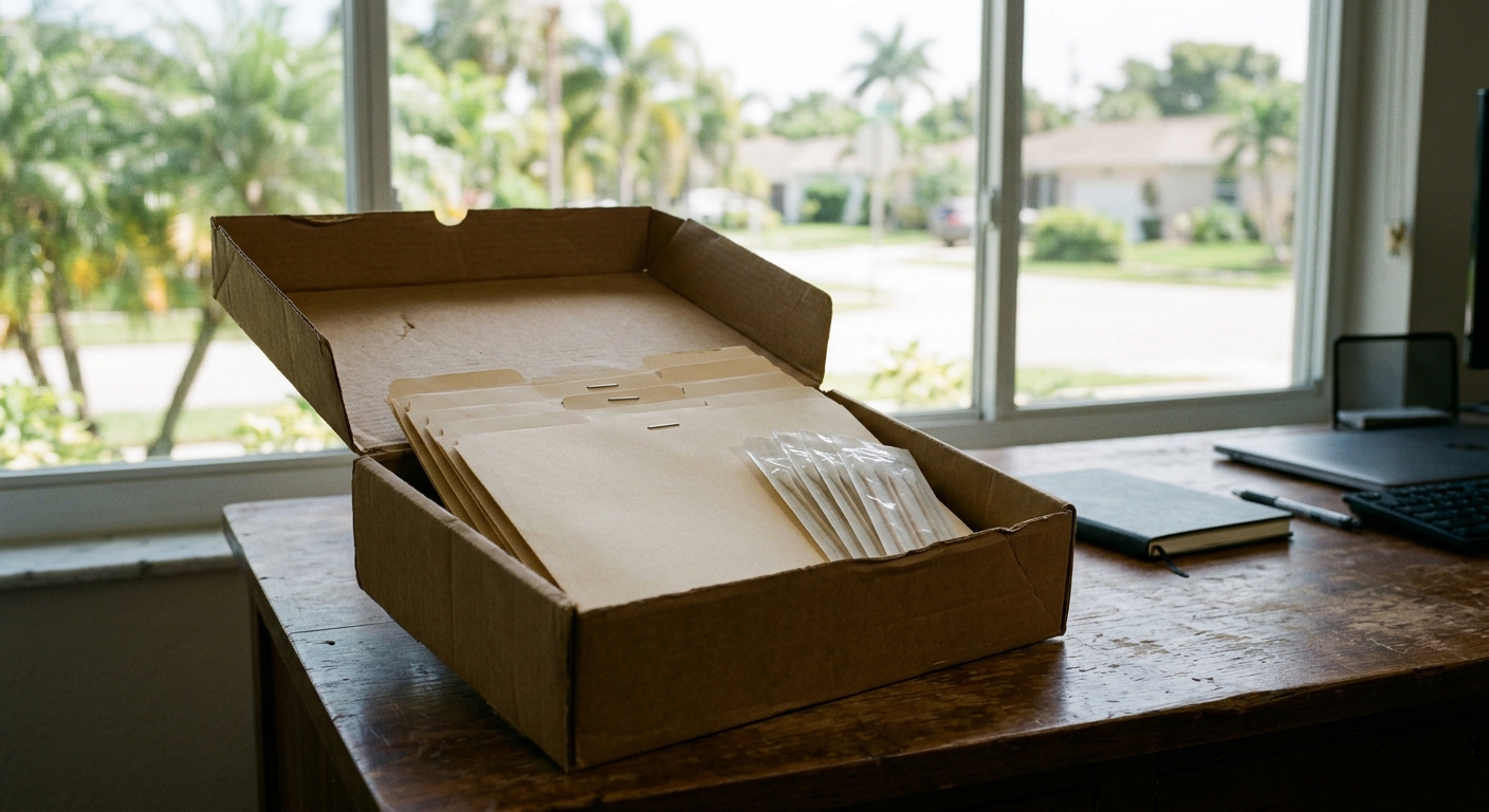 an open cardboard evidence box containing sealed manila folders and sterile cotton swabs sitting on a wooden desk, with a window in the background showing a sof