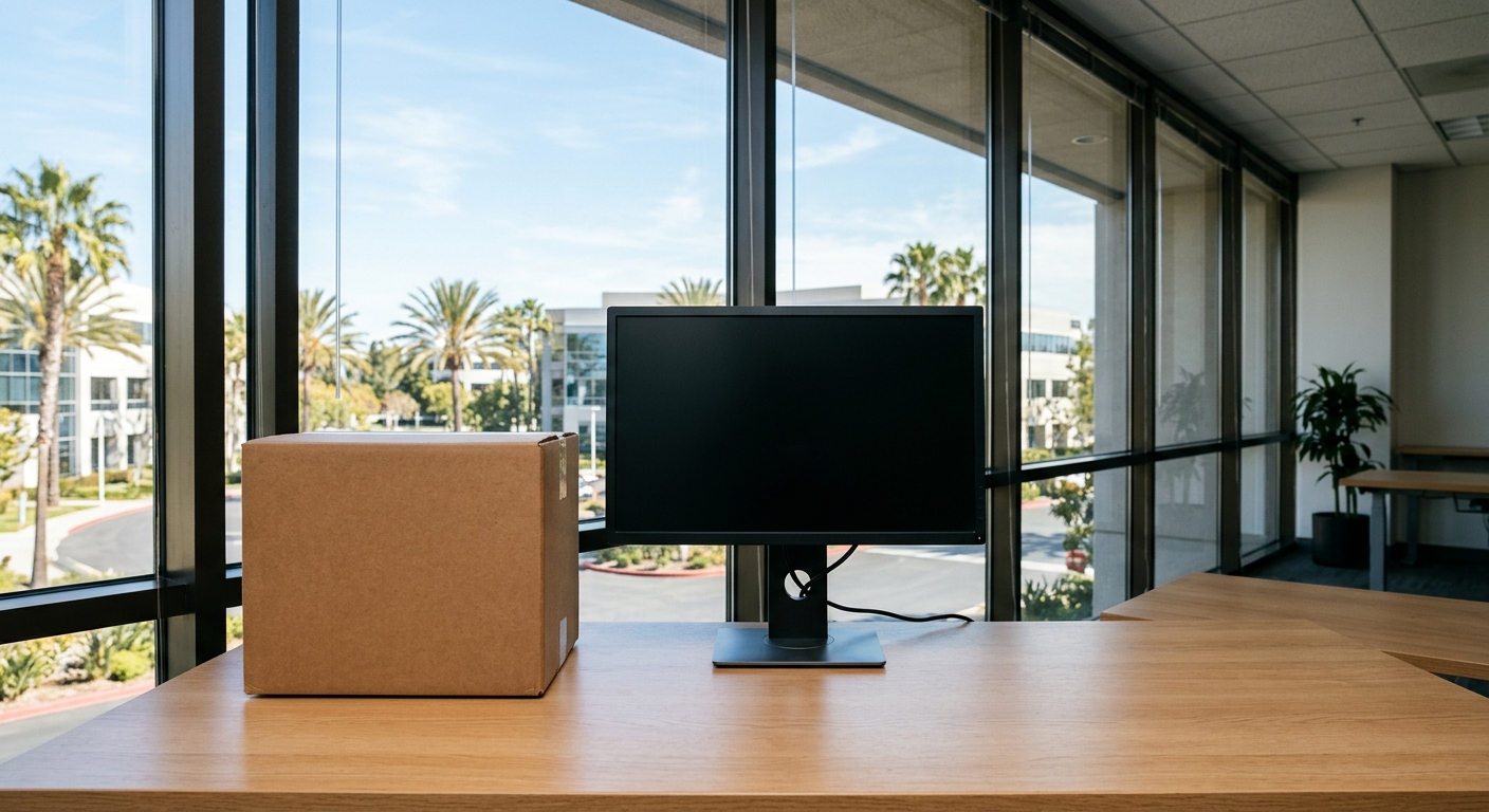 a plain cardboard shipping box and a powered-down computer monitor sitting on an empty modern office desk, with palm trees and a sunny California corporate busi