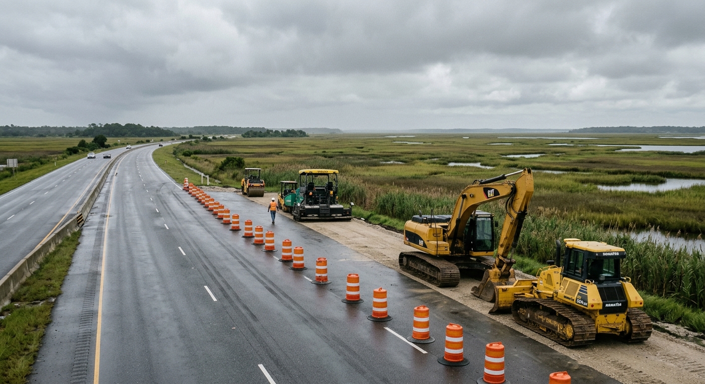 heavy road construction equipment parked alongside an asphalt highway running through a flat coastal marshland, orange traffic cones blocking off a lane under a