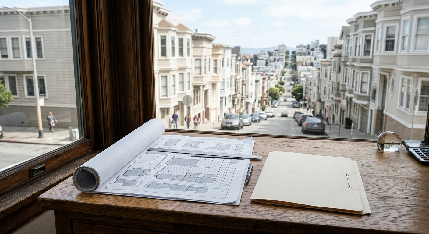 official municipal zoning blueprints and an unmarked plain folder resting on a wooden desk next to a window overlooking a steep urban street with classic bay-wi