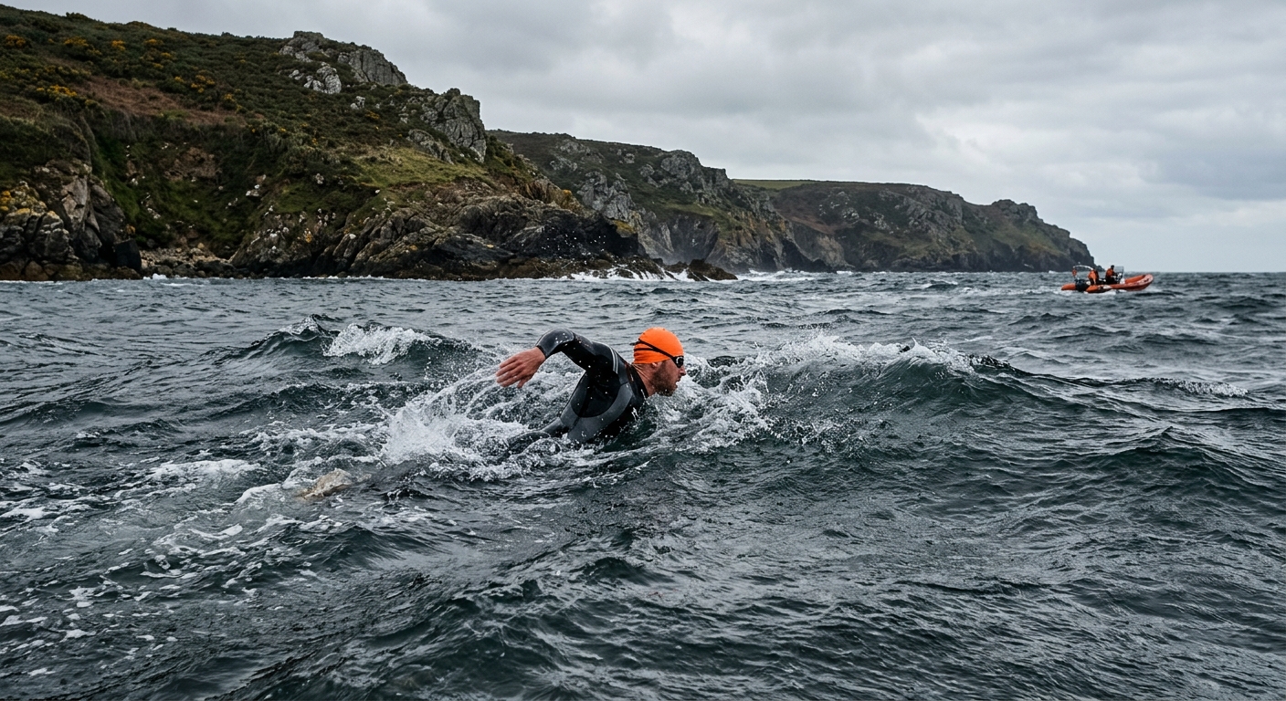 an open water swimmer in a dark wetsuit navigating choppy ocean waters near a rugged coastline, a small support boat visible in the distance under slightly over
