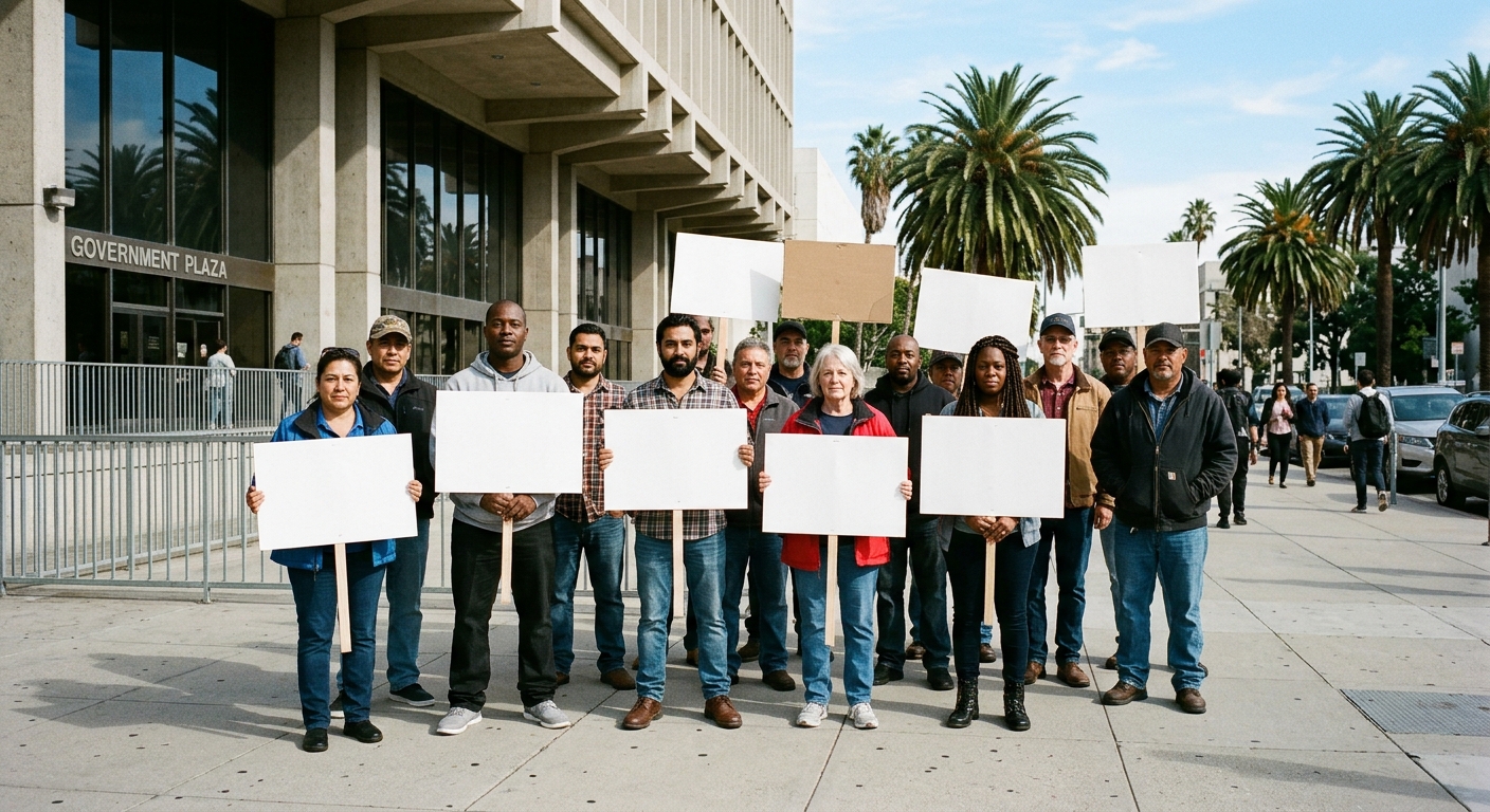 a group of diverse workers standing on a sunlit sidewalk holding blank protest signs, gathered outside a large government office building with a few palm trees