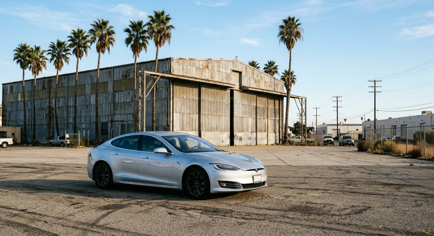 a sleek silver electric car parked outside a massive corrugated metal aerospace hangar, surrounded by tall palm trees in a sunlit Southern California industrial
