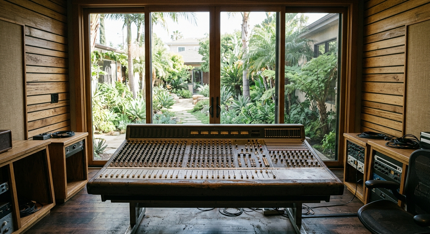 a vintage analog mixing board inside an empty acoustic recording room, featuring wooden wall panels and large windows that look out onto a lush green courtyard