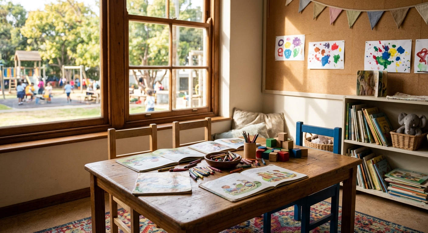 an early childhood classroom reading nook, featuring a low wooden table scattered with open picture books, scattered crayons, and painted wooden building blocks