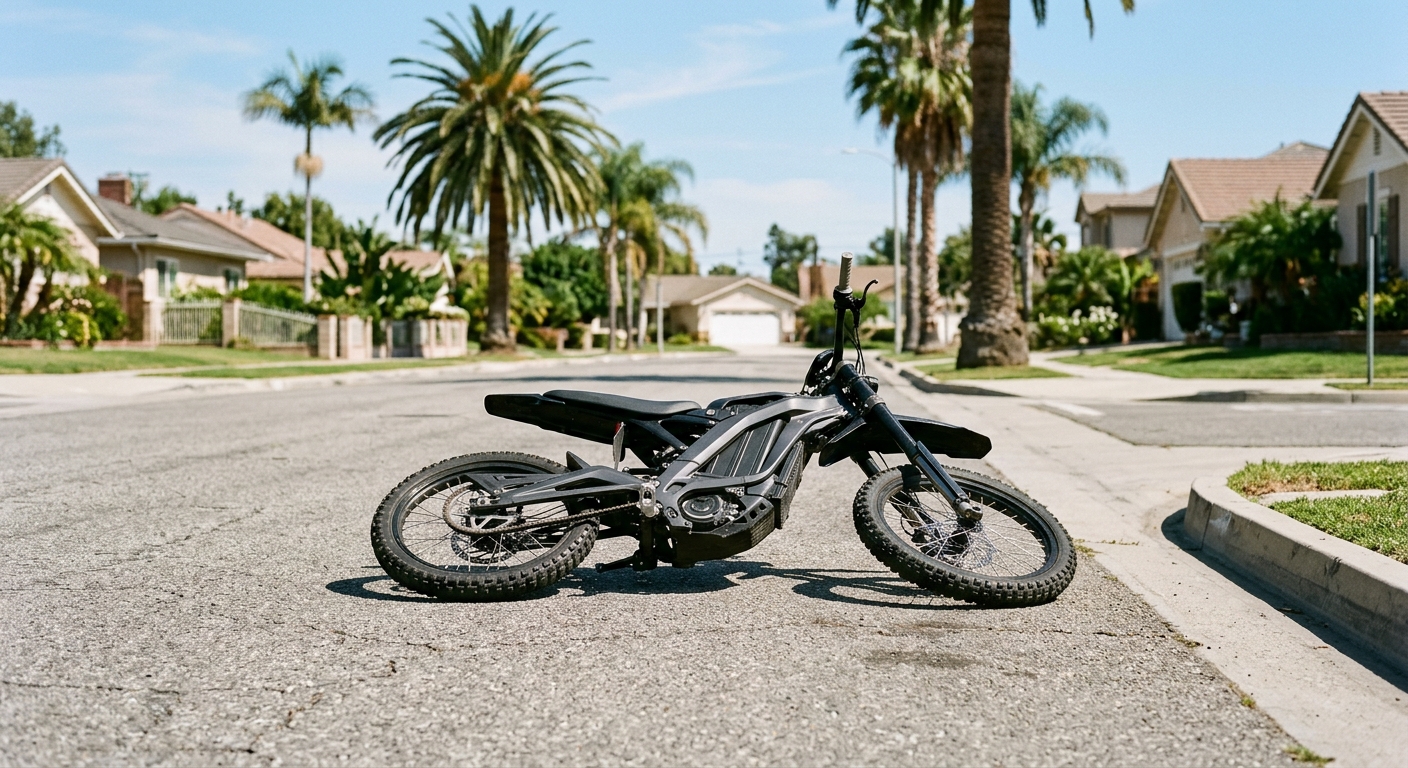 a modern electric dirt bike resting on its side on the asphalt of a sunny suburban street corner, with blurred residential houses and tall palm trees in the bac