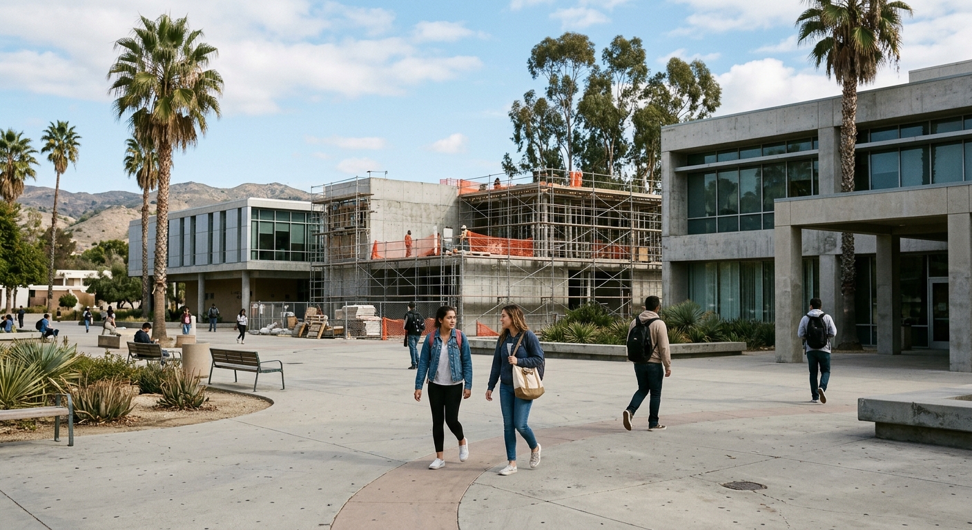 a community college campus plaza in Southern California, featuring modern educational buildings, tall palm trees, a few students walking with backpacks, and sca