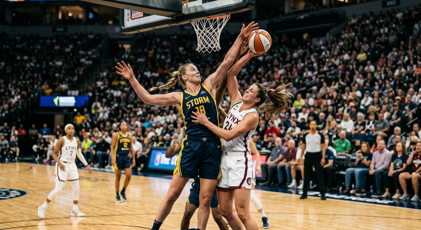two female professional basketball players intensely competing for a rebound under the hoop, hardwood court, blurred indoor arena with cheering fans in the back