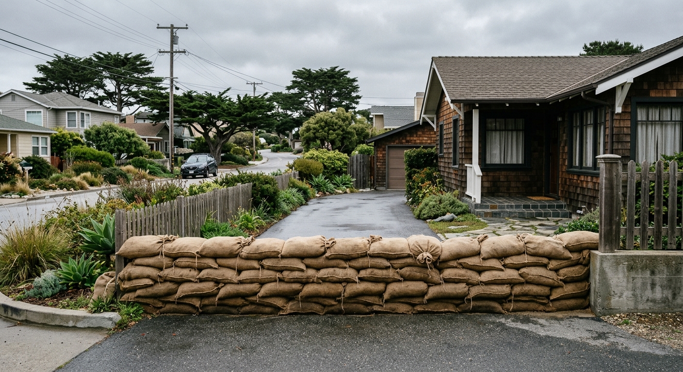 a heavy row of burlap sandbags stacked neatly across a residential driveway in a coastal California neighborhood with an overcast sky, natural everyday lighting