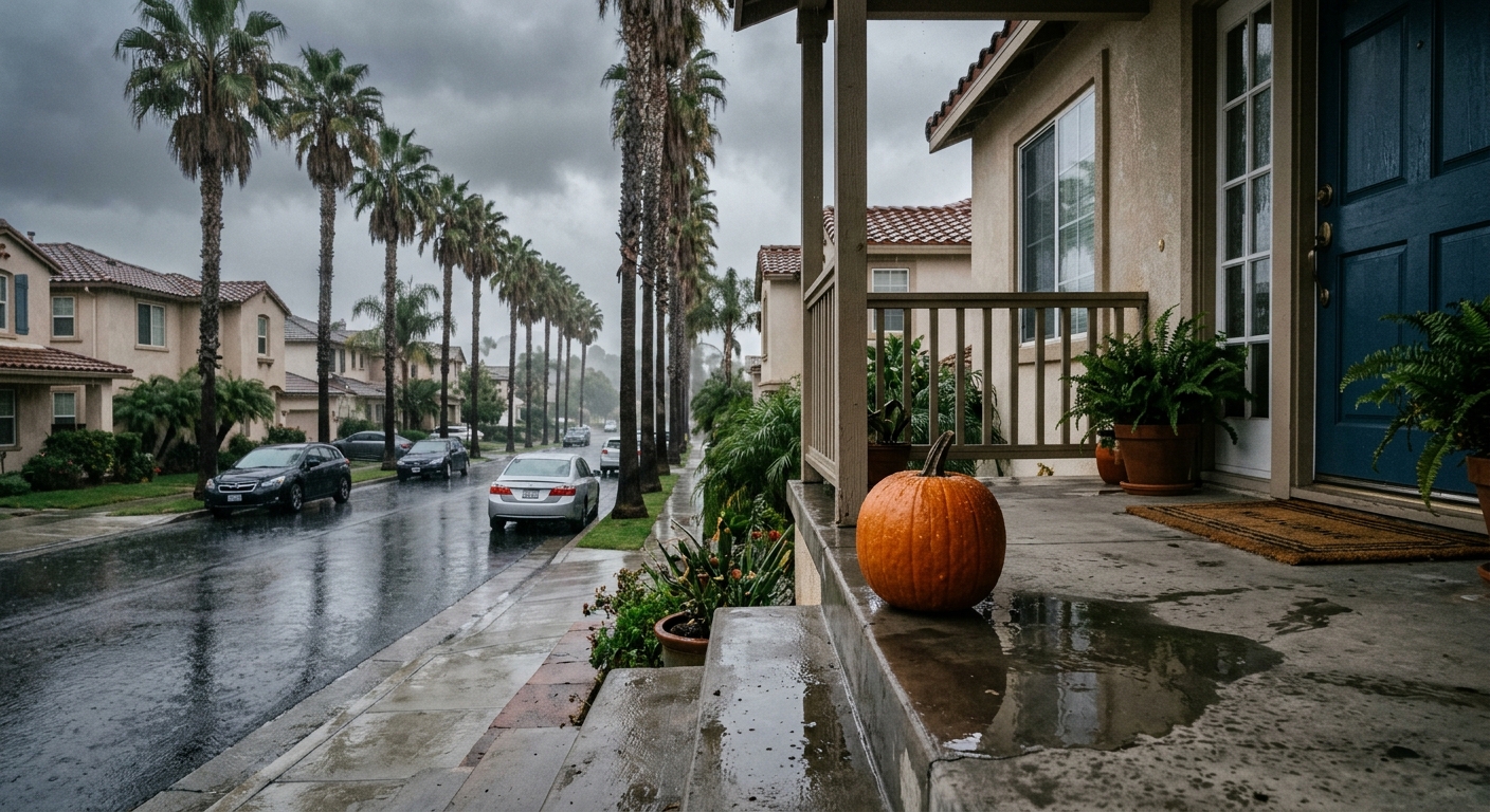 a wet residential street in Southern California lined with tall palm trees on a gray rainy day, featuring a single wet orange pumpkin sitting on a damp concrete