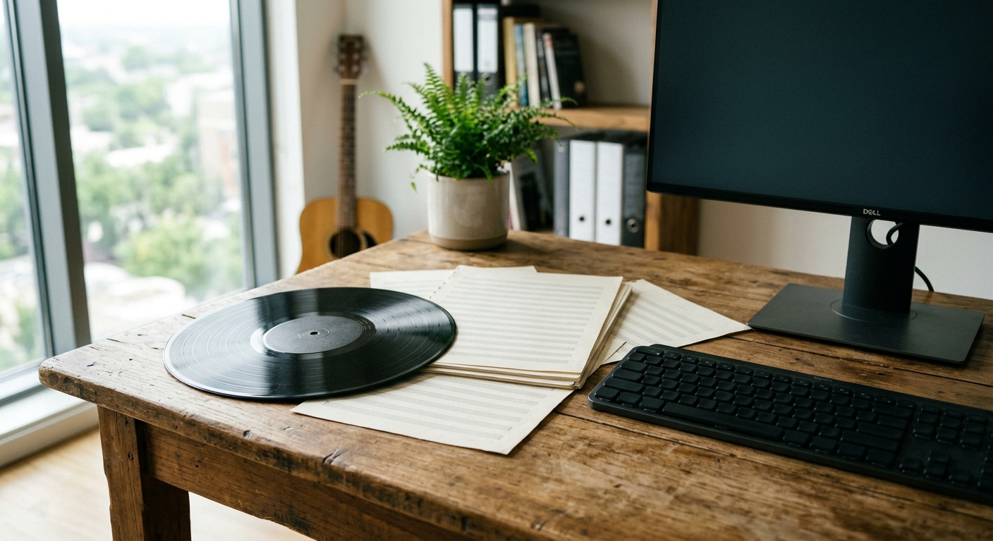 a vintage vinyl record and scattered blank music score sheets resting on a wooden desk next to a modern computer keyboard and monitor in a bright, modern office