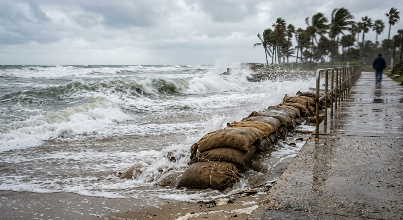 high ocean waves crashing onto a shoreline, reaching a row of protective burlap sandbags stacked along a coastal concrete walkway, with blurred palm trees in th