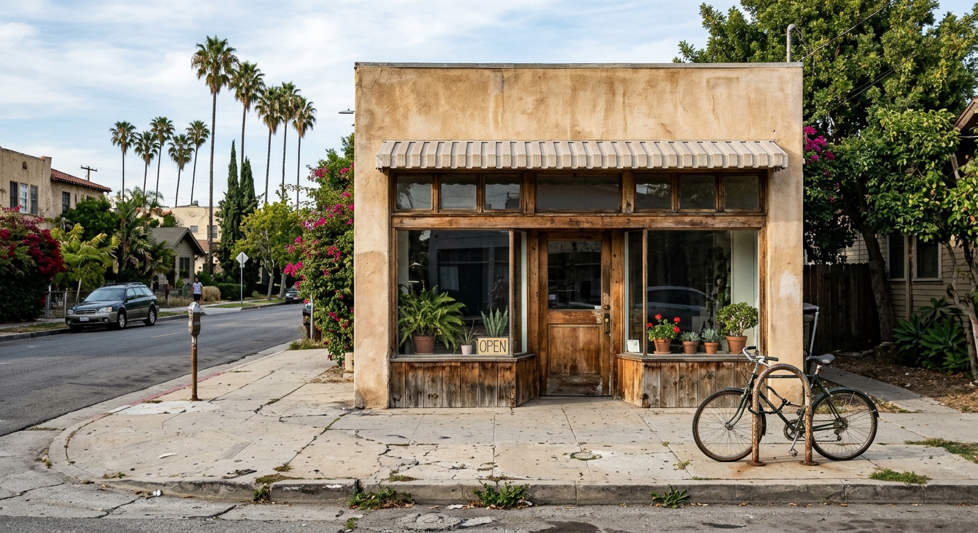 a small independent stucco storefront along a street with a weathered and cracked sidewalk in a Southern California neighborhood, a few distant palm trees, natu
