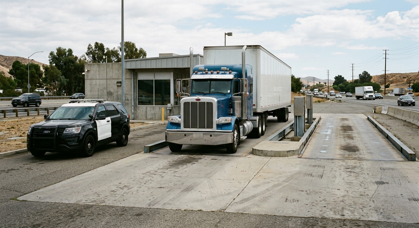a large commercial tractor-trailer parked at a concrete highway weigh station in California, a highway patrol cruiser parked nearby, natural everyday lighting,