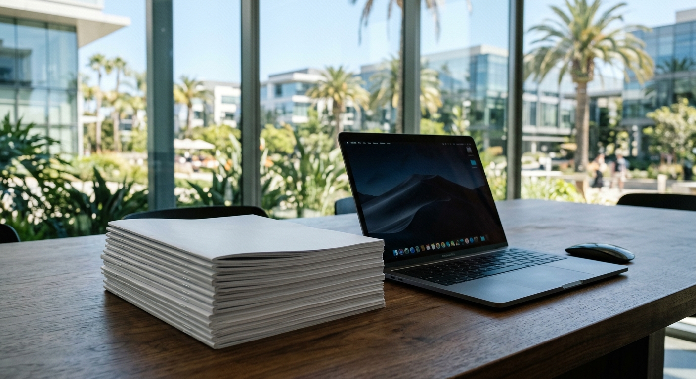 a stack of thick financial reports next to an open laptop on a sleek conference table, with a blurred background showing a sunny modern tech office park and pal