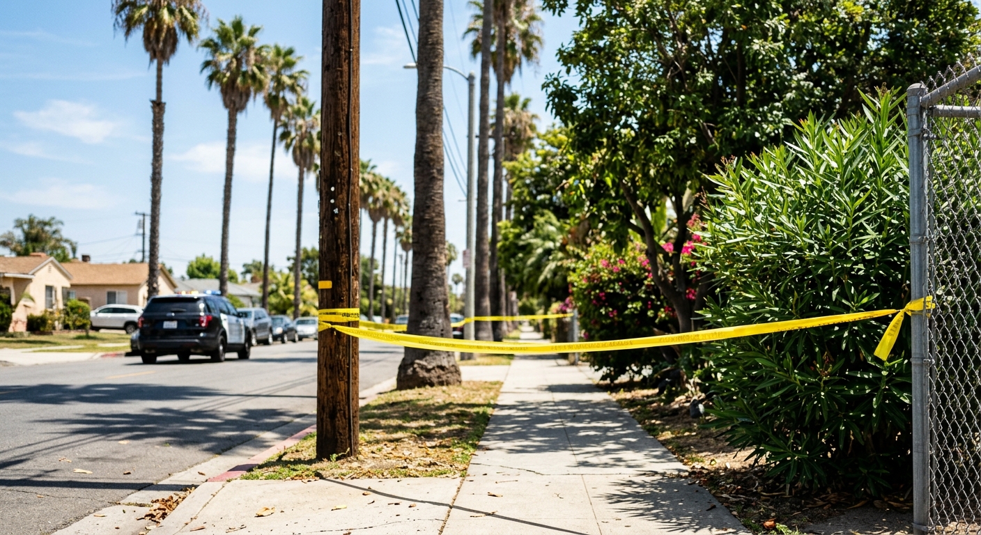 yellow police tape cordoning off a sunny sidewalk lined with tall palm trees and shrubbery, a generic police vehicle parked softly in the background, typical So