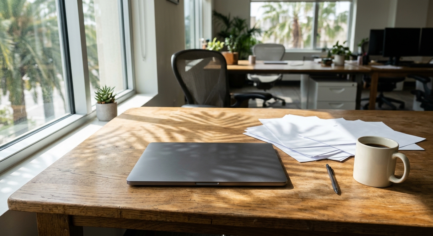 a closed modern laptop resting on a wooden office desk next to a scattered pile of blank paper documents and a generic ceramic coffee mug, set in a typical corp