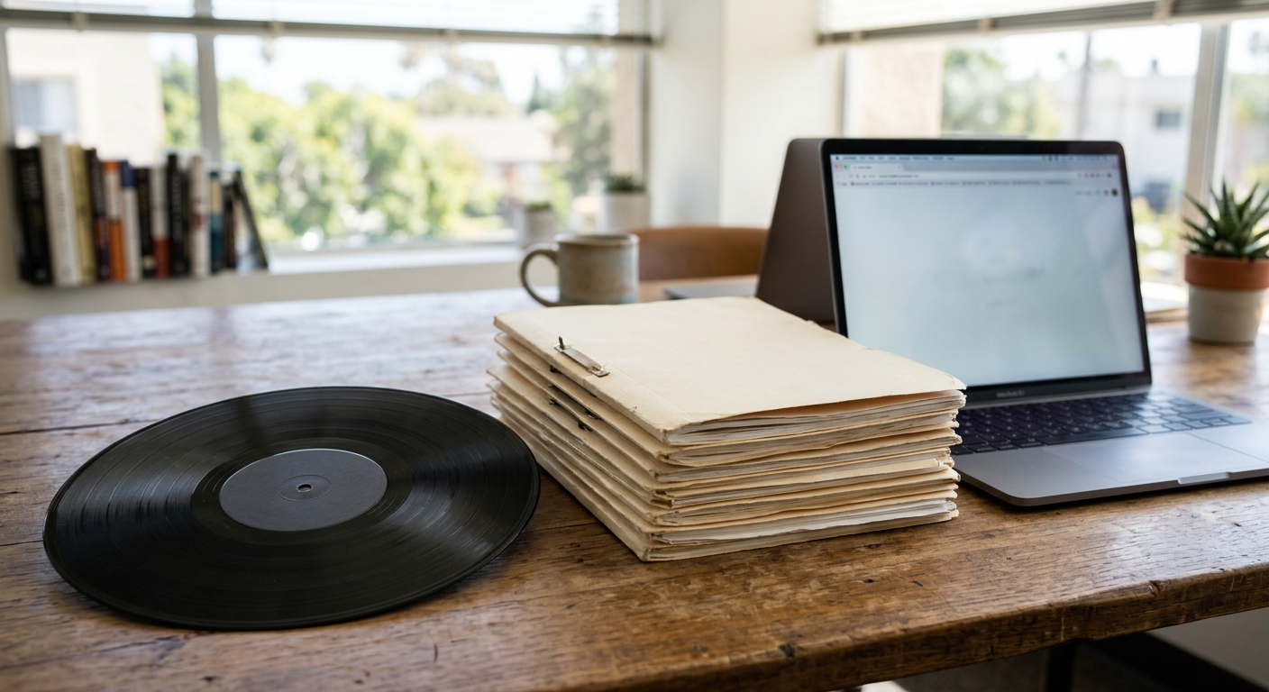 a vintage black vinyl record and a stack of manila legal folders resting on a wooden desk next to a modern silver laptop in a bright California office, natural