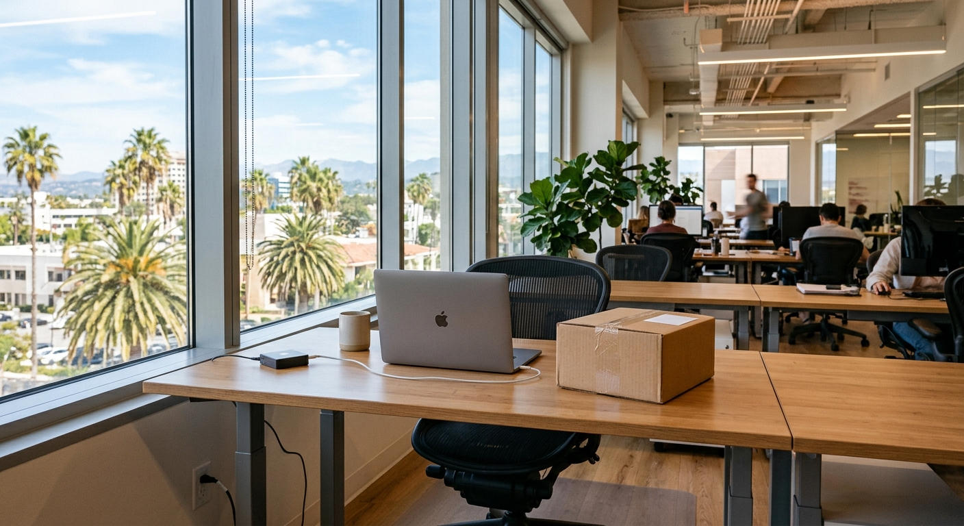 an empty desk inside a modern open-plan corporate tech office in California, featuring a closed laptop next to a small cardboard packing box, with bright sunlig