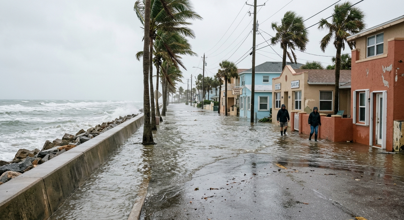 a flooded street in a coastal neighborhood lined with tall palm trees and stucco houses, ocean water surging over a concrete seawall onto the pavement, seawater