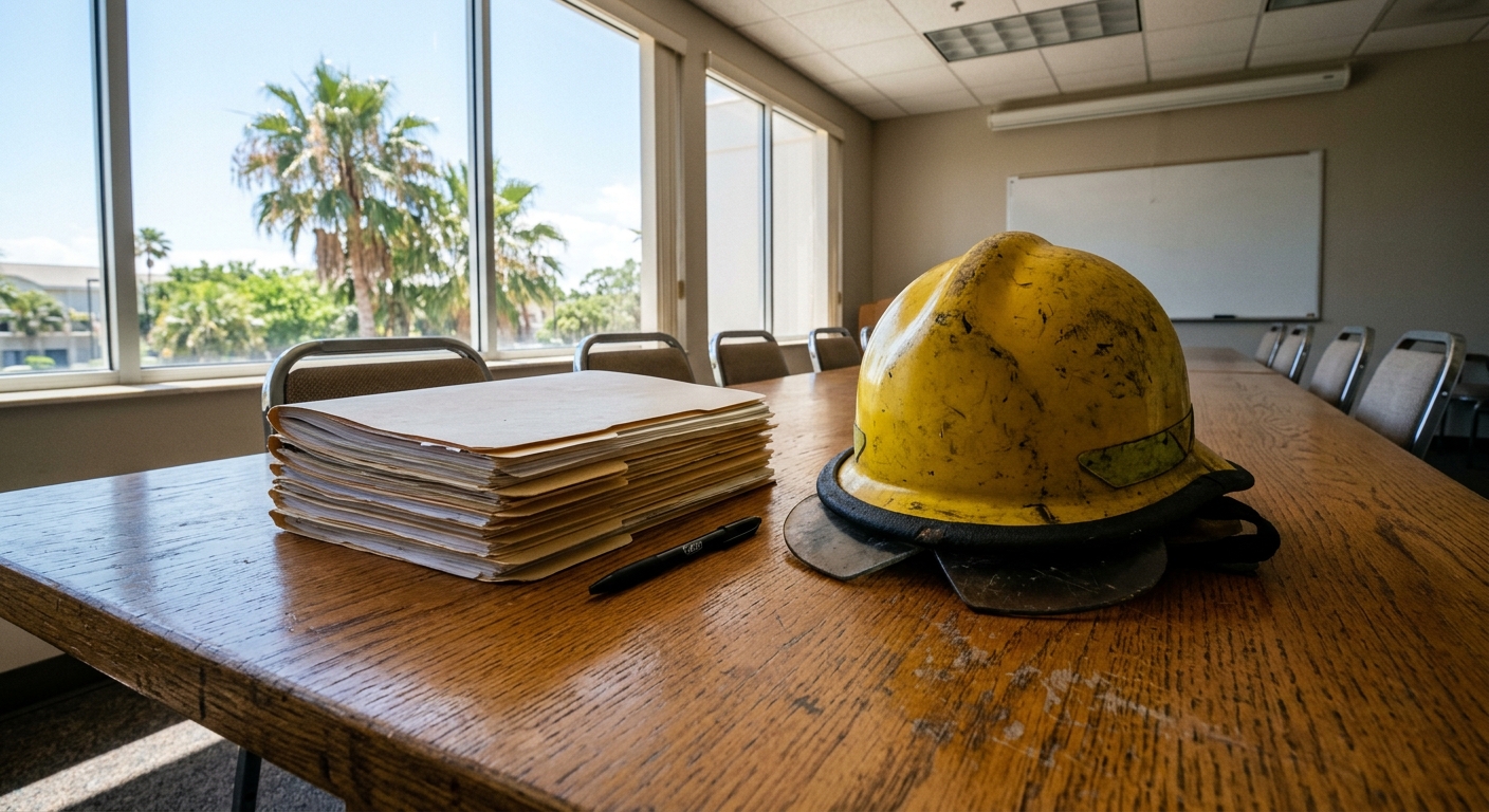 a stack of thick manila folders, a black pen, and a worn yellow firefighter helmet resting on a long wooden conference table inside a standard municipal meeting