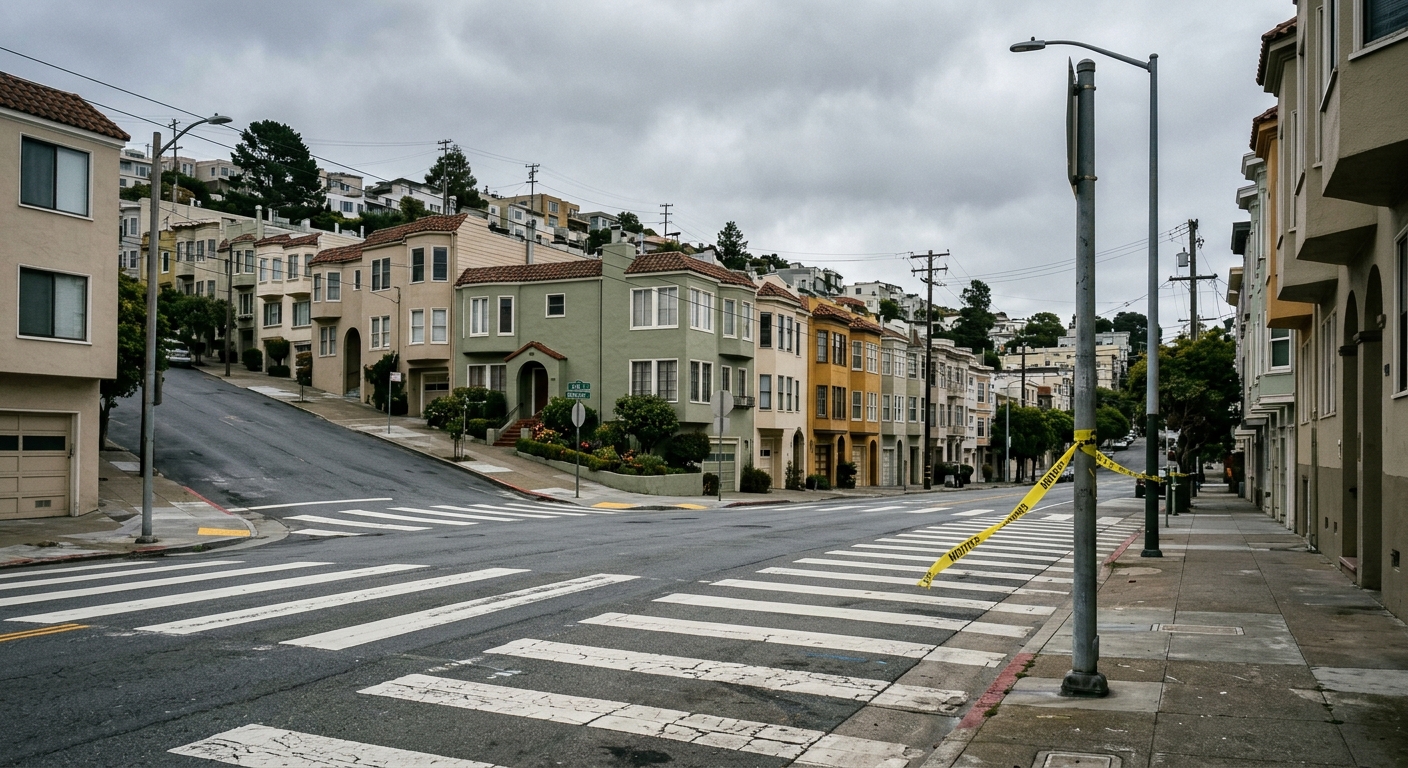 an empty crosswalk at a street intersection in a hilly urban residential neighborhood with attached stucco houses, a piece of yellow caution tape tied to a near
