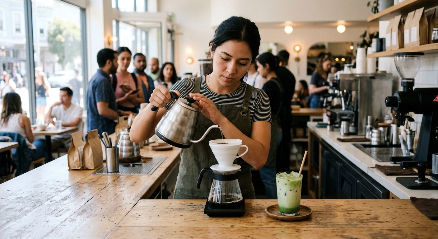 a barista pouring water from a gooseneck kettle for a pour-over coffee on a light wooden counter in a modern San Francisco cafe, a prepared iced matcha latte si