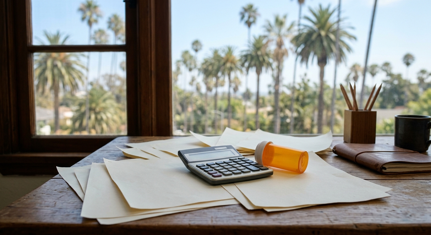 a wooden desk near a window with a blurred view of California palm trees, covered with scattered blank script pages, a calculator, and an unmarked prescription