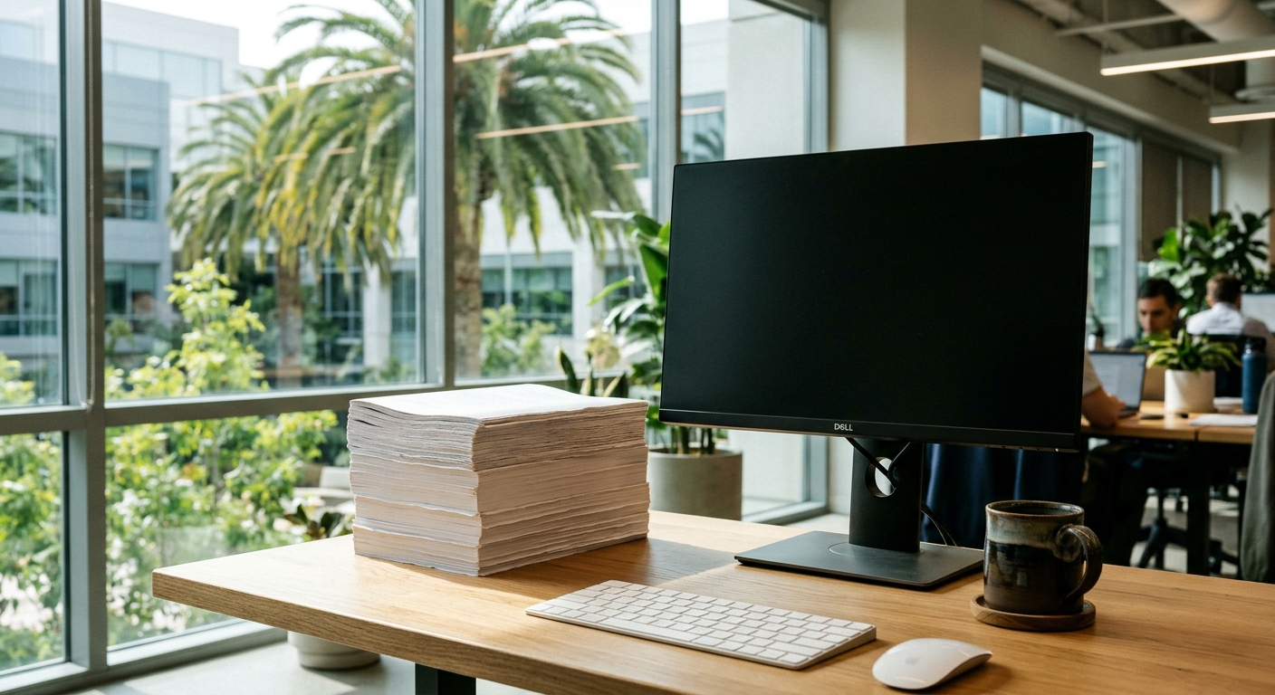 a stack of thick paper reports next to a blank black computer monitor and a cup of coffee on a modern wooden desk in a bright Silicon Valley tech office with la