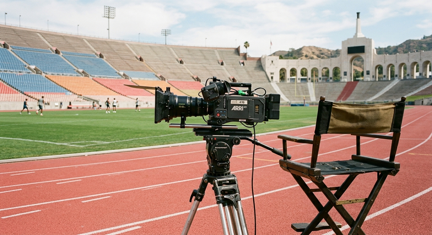 a heavy-duty film camera and a canvas director's chair positioned on the edge of a red running track inside a massive, open-air sports stadium in Southern Calif