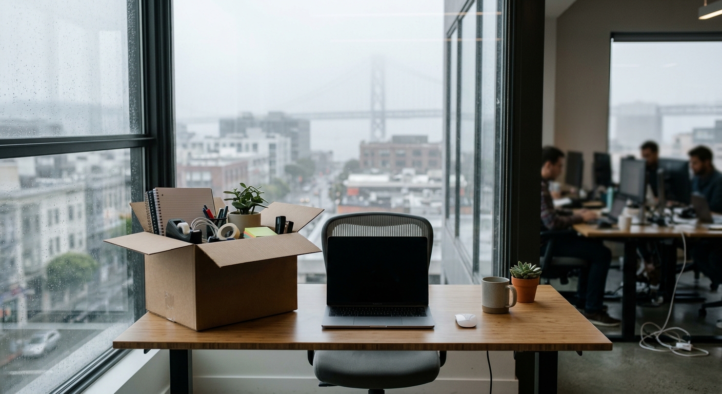 an empty desk in a modern tech office featuring a cardboard moving box containing generic office supplies next to a closed laptop, with an out-of-focus view of