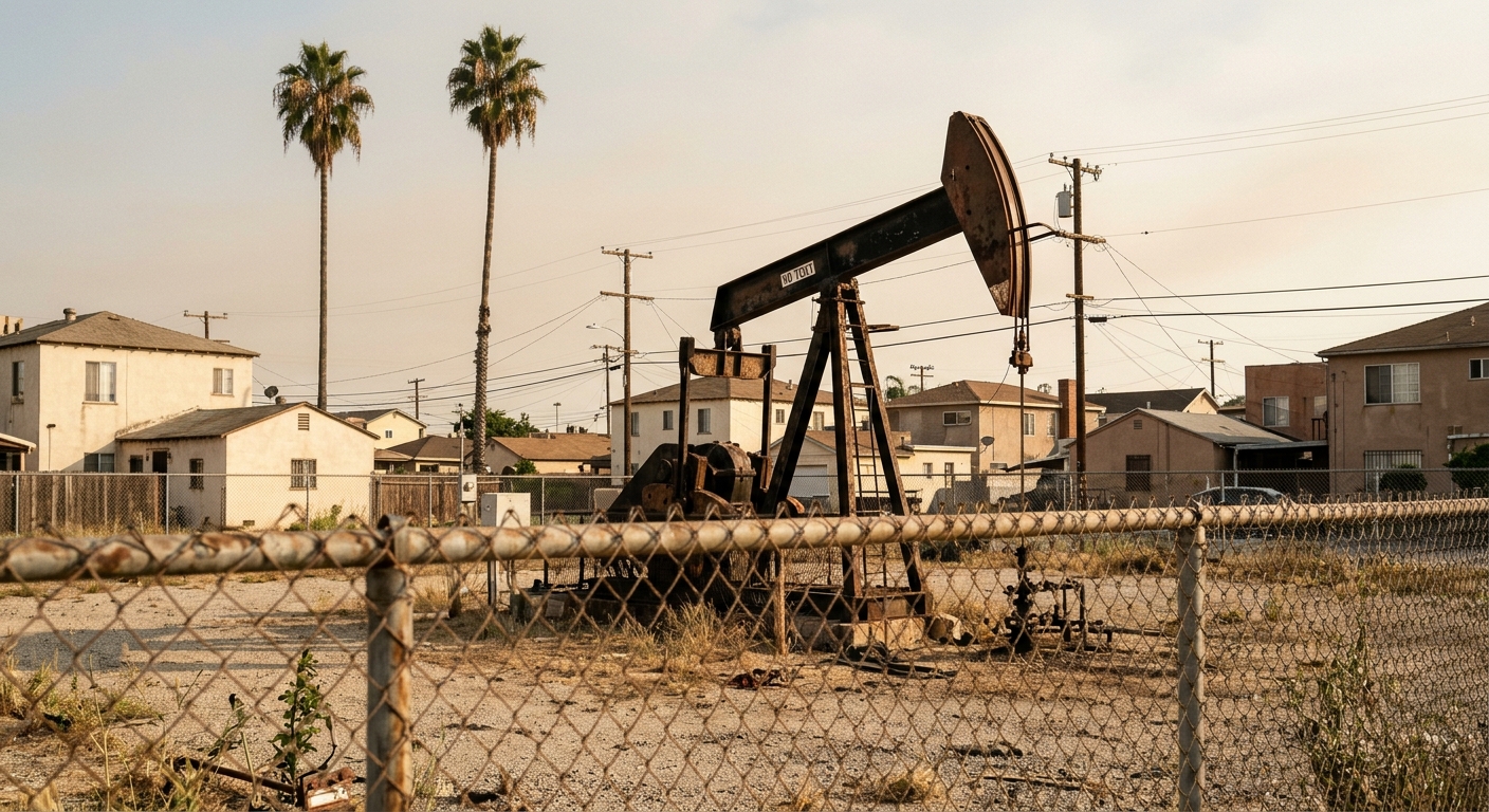 an old, weathered oil pumpjack behind a chain-link fence in a dry, urban Southern California neighborhood, with a few tall palm trees and a hazy sky in the back