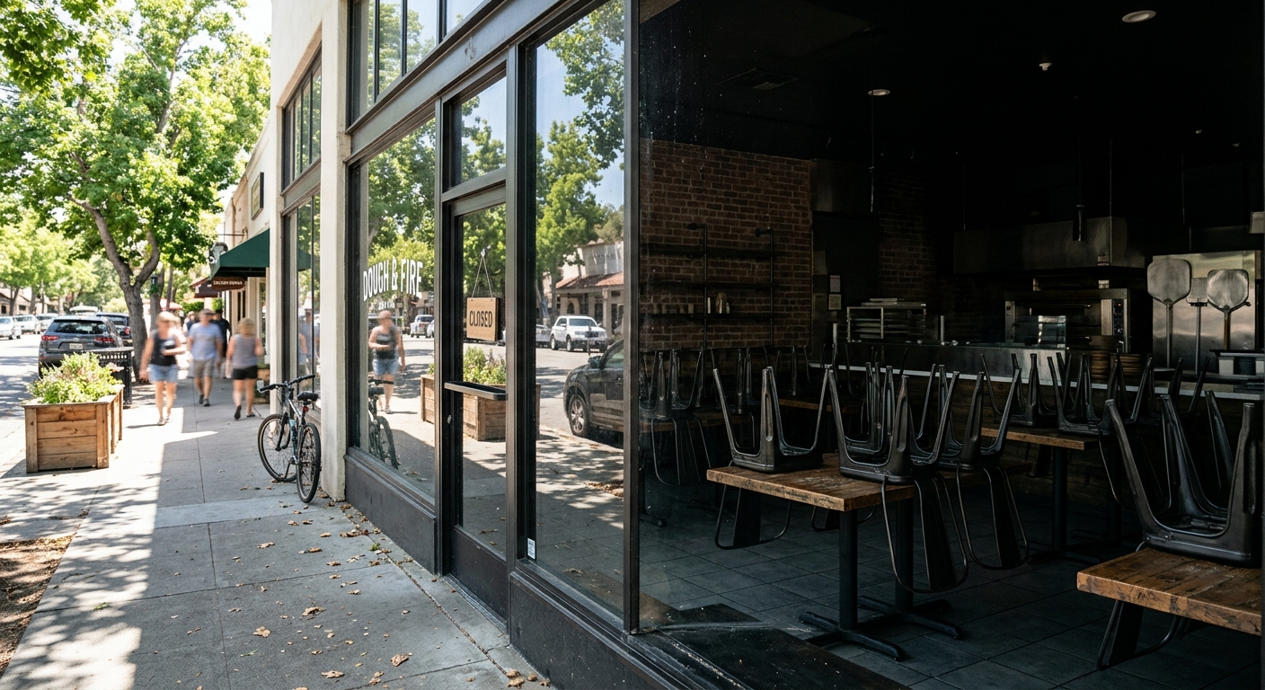 a modern pizzeria interior viewed through a glass storefront window from a sunny tree-lined street typical of a California downtown, with metal chairs stacked u