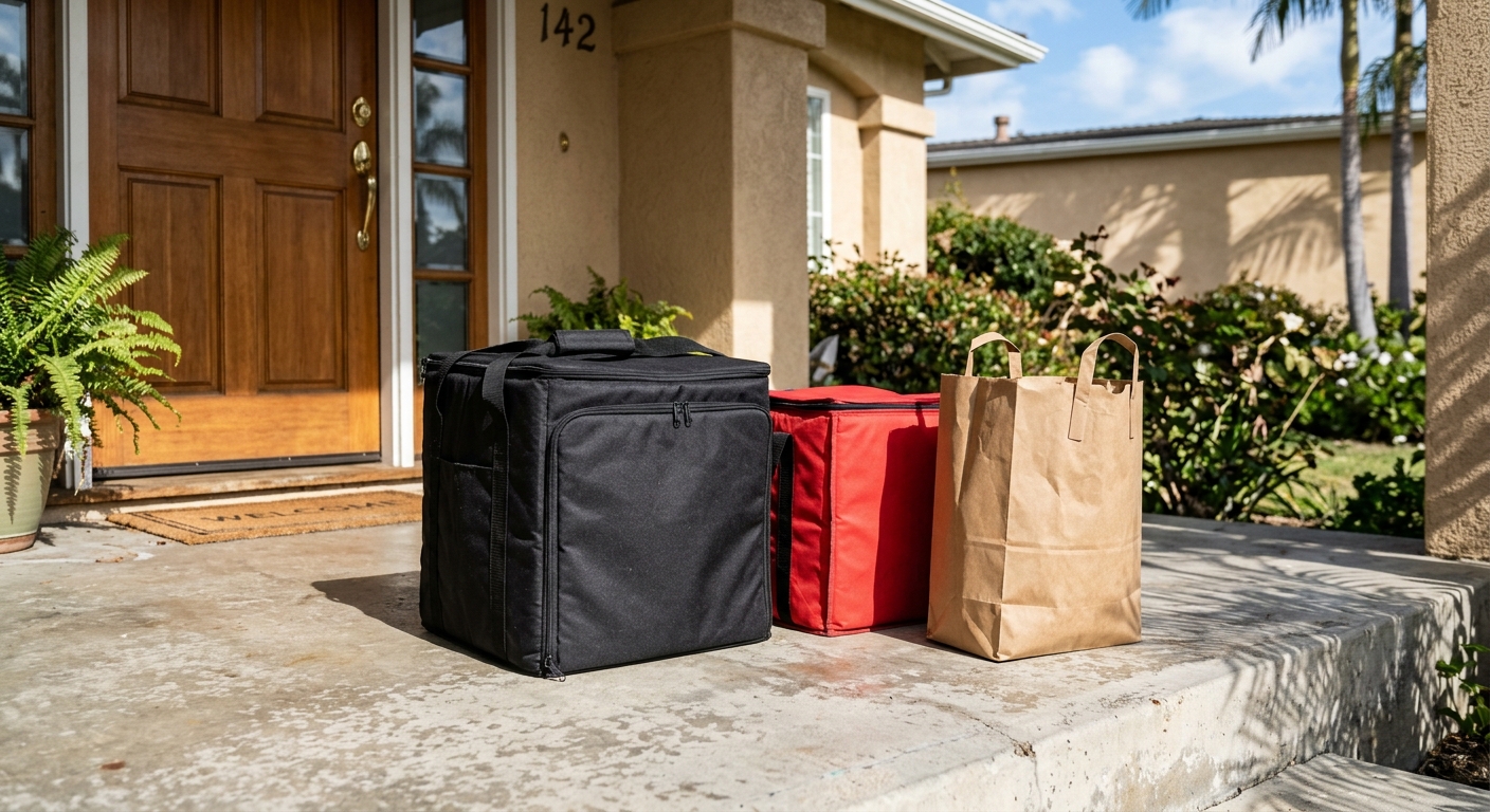 two blank, unmarked insulated delivery bags and a brown paper grocery sack resting on the concrete porch of a suburban home, bright afternoon sunlight with fain