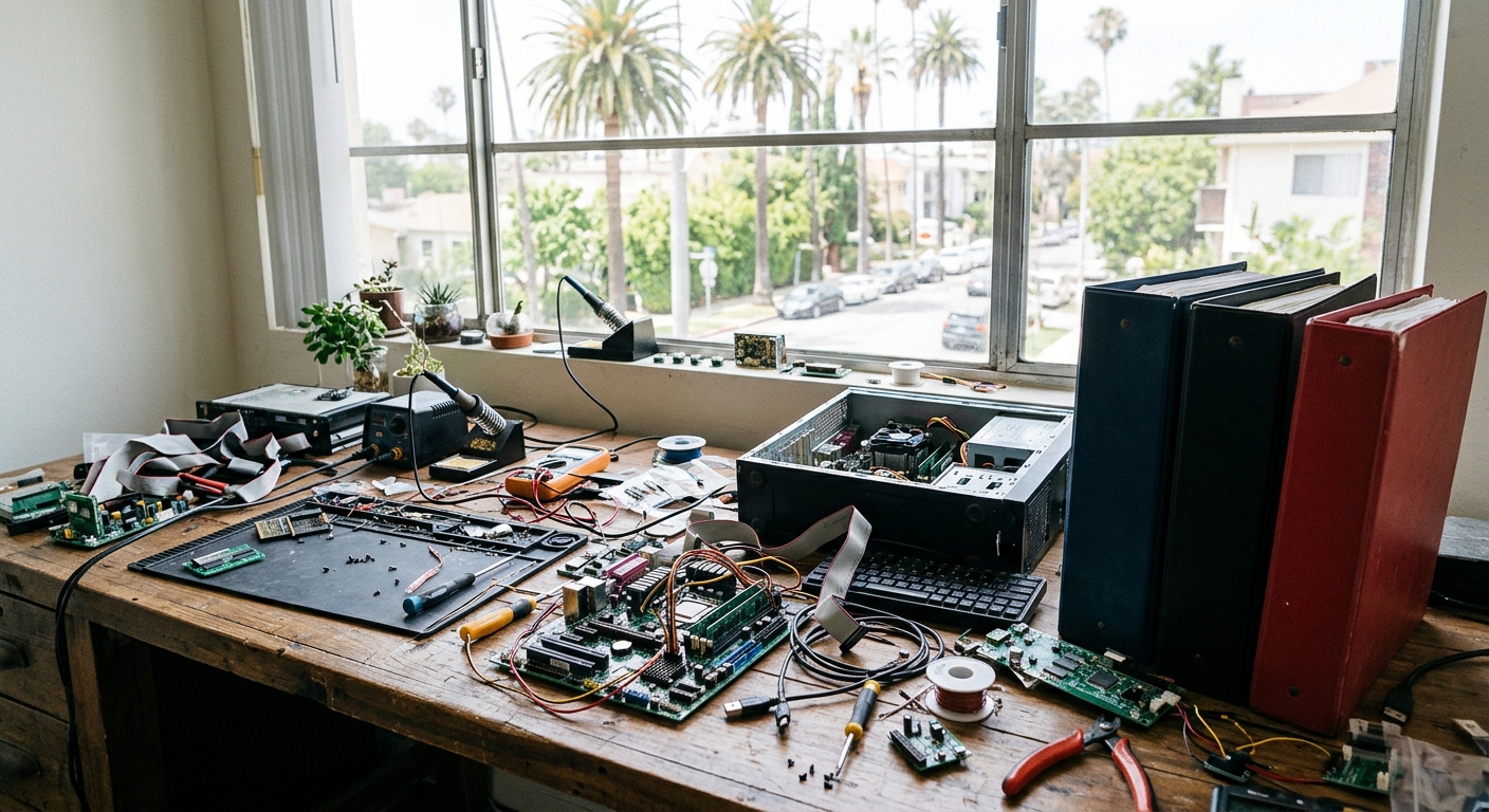 a cluttered wooden desk covered in disorganized computer hardware, exposed circuit boards, and closed thick binders inside a bright office, with a window lookin