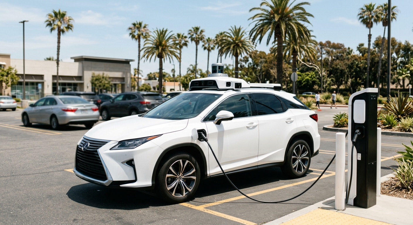 a modern white self-driving SUV with a sensor pod on its roof, plugged into a public electric vehicle charger in a sunny paved parking lot with palm trees in th